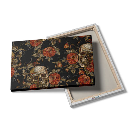 Canvas schilderij details Doodshoofden met Bloemen - Schedels