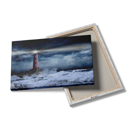 Canvas schilderij details Vuurtoren op een Storm Zee met Golfen Water