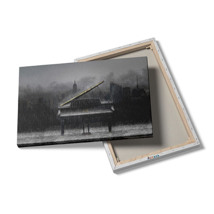 Canvas schilderij details Piano in de Regen voor een Stad