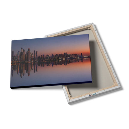 Canvas schilderij details Skyline Dubai Stad bij Zonsondergang