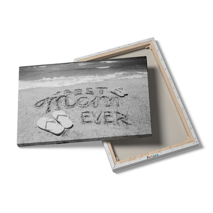 Canvas schilderij details Best Mom Ever op het Strand met Slippers - Zwart Wit
