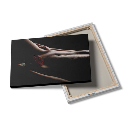 Canvas schilderij details Naakte Vrouwenlichaam met een Rode Roos - Erotiek