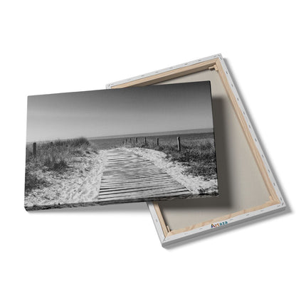 Canvas schilderij details Voetpad in De Duinen met Zee op de Achtergrond - Zwart Wit