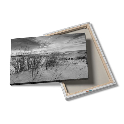 Canvas schilderij details Strand en Zee vanuit Duinen - Zwart Wit