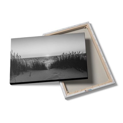 Canvas schilderij details Zee vanuit Duinen met Zonsondergang - Zwart Wit