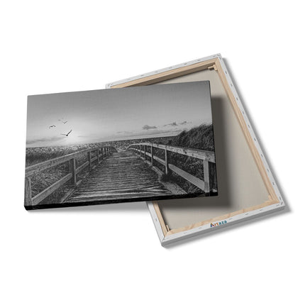 Canvas schilderij details Voetpad met Zee en Vogels - Zwart Wit