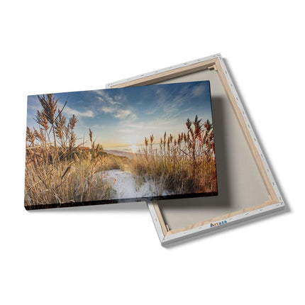 Canvas schilderij details Strand en Zee vanuit Duinen met Zonsondergang