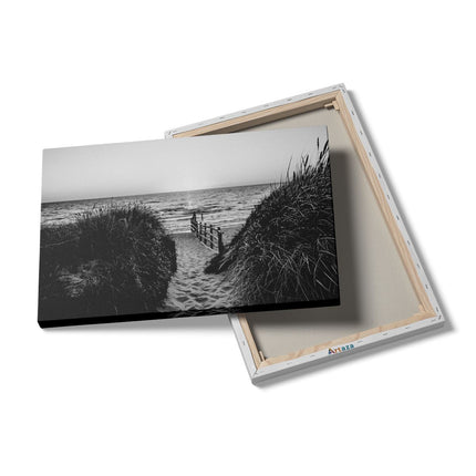 Canvas schilderij details Voetpad in de Duinen met Zonsondergang - Zwart Wit