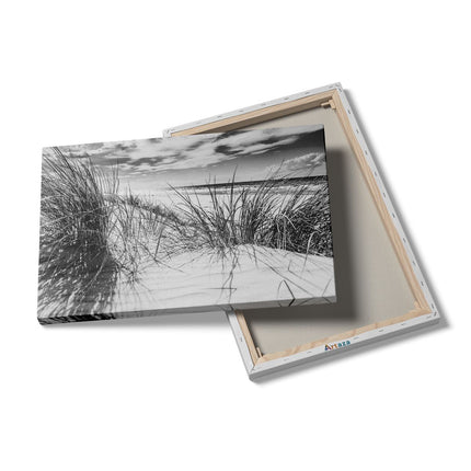 Canvas schilderij details Strand en Zee vanuit de Duinen - Zwart Wit