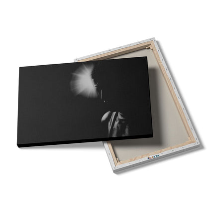 Canvas schilderij details Boeddha Beeld met Gouden Zon - Zwart Wit