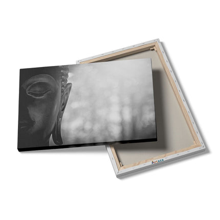 Canvas schilderij details Boeddha Beeld met Zon - Zwart Wit
