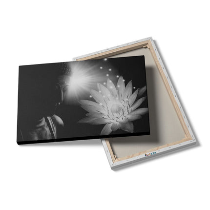 Canvas schilderij details Boeddha Beeld met Bloem - Zwart Wit