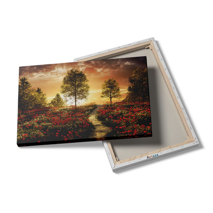 Canvas schilderij details Mooi Landschap met Rode Bloemen en Zonsondergang