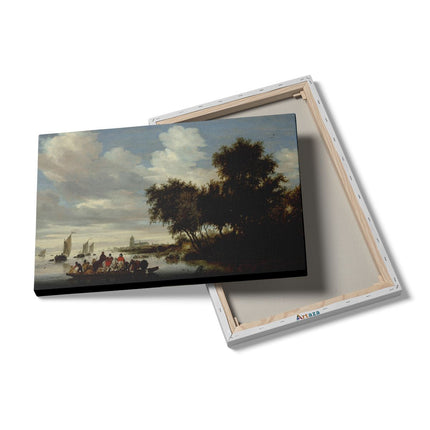 Canvas schilderij details Rivierlandschap met een Veerboot - Salomon van Ruysdael