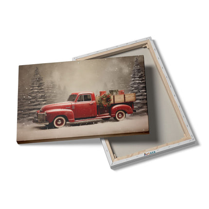 Canvas schilderij details Rode Pick-Up wagen - Kerst