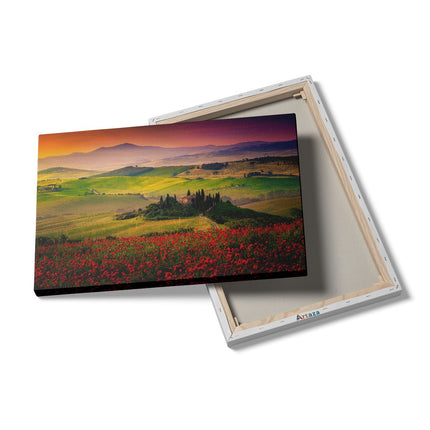 Canvas schilderij details Rode Bloemenveld in Toscane, Italië