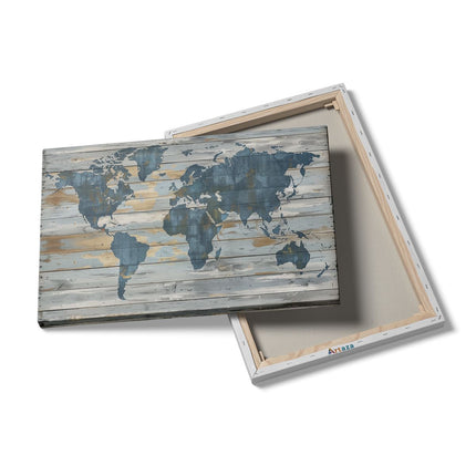 Canvas schilderij details Blauwe en Witte Wereldkaart op een Houten Plank