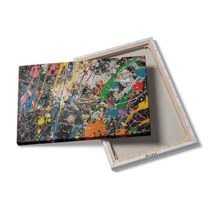 Canvas schilderij details Kleurrijke Verfspatten op een Zwarte Achtergrond