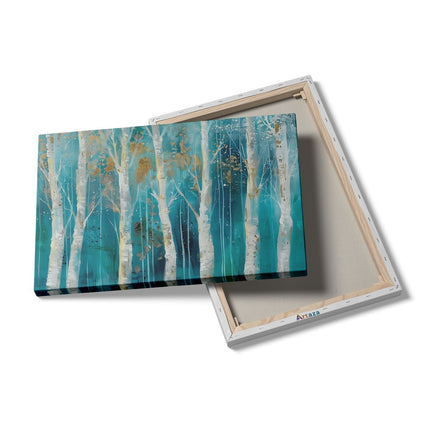 Canvas schilderij details Kunstwerk van Berkenbomen in Blauw en Goud
