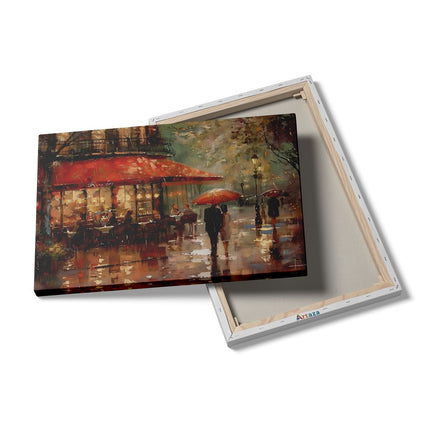 Canvas schilderij details Kunstwerk van een Stel dat in de Regen door een Straat loopt