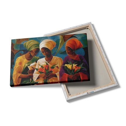 Canvas schilderij details Drie Vrouwen met Tulbanden die Bloemen Vasthouden