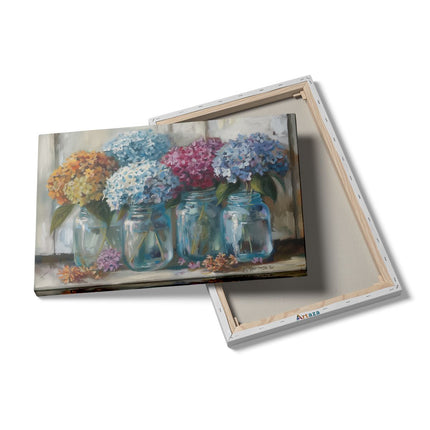 Canvas schilderij details Hortensia's in Glazen Potten