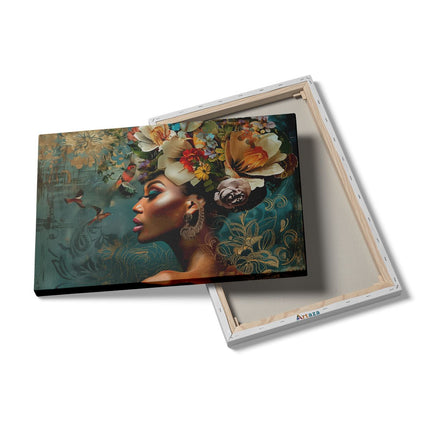 Canvas schilderij details Vrouw met Bloemen op haar Hoofd