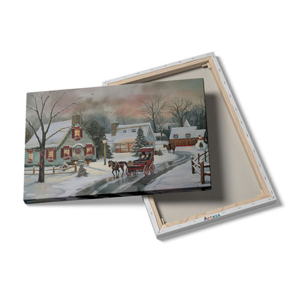 Canvas schilderij details Kunstwerk van een Kerstdorp met een Paardenkoets