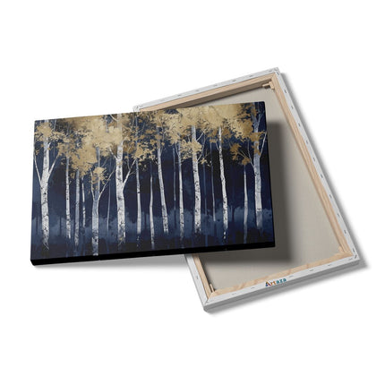 Canvas schilderij details Kunstwerk van Berkenbomen in Blauw en Goud