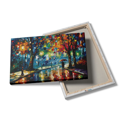 Canvas schilderij details Kunstwerk van een Persoon die in een Regenachtige Nacht door een Straat loopt