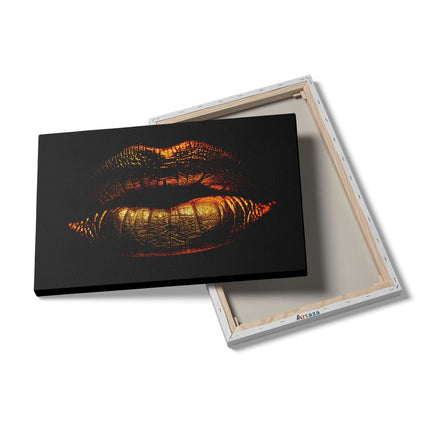 Canvas schilderij details De Lippen van de Vrouw zijn Goudkleurig Verlicht