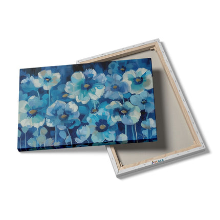 Canvas schilderij details Blauwe Bloemen op een Zwarte Achtergrond