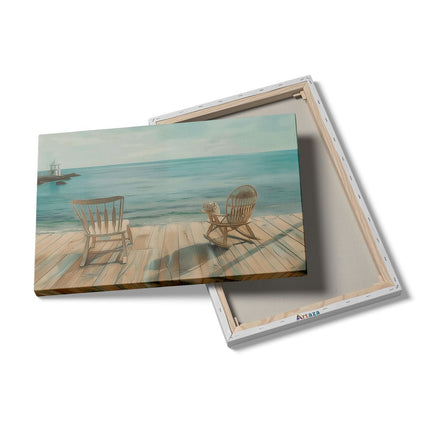 Canvas schilderij details Twee Schommelstoelen op een Houten Terras met Uitzicht op de Oceaan