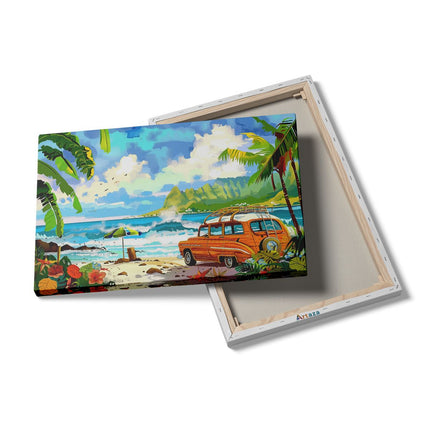 Canvas schilderij details Oranje Busje Geparkeerd op het Strand