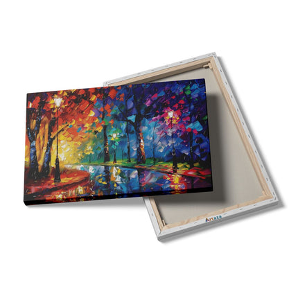 Canvas schilderij details Kleurrijk Kunstwerk van Bomen en Straatverlichting