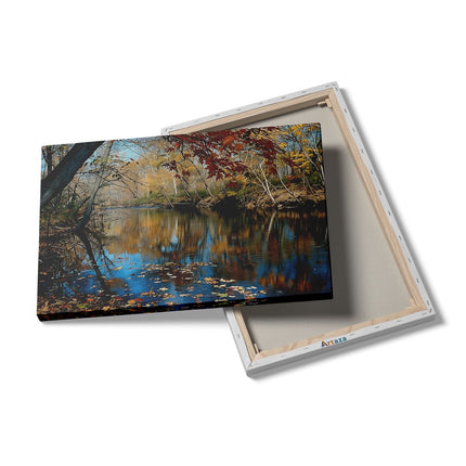 Canvas schilderij details Herfstbladeren Weerspiegeld in een Rivier