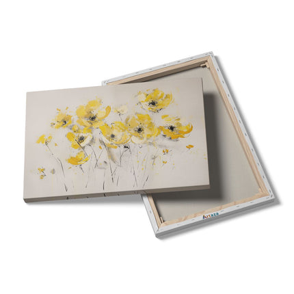 Canvas schilderij details Kunstwerk van Gele Bloemen op een Beige Achtergrond