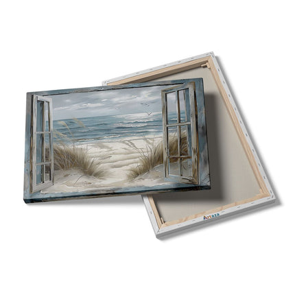 Canvas schilderij details Open Raam met Meeuwen en Zand