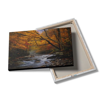 Canvas schilderij details Stroom Omgeven door Bomen in de Herfst