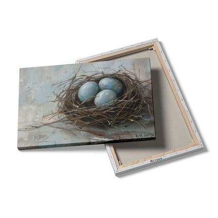 Canvas schilderij details Drie Blauwe Eieren in een Nest