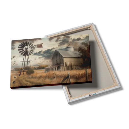 Canvas schilderij details Boerderij met een Windmolen en Kraaien
