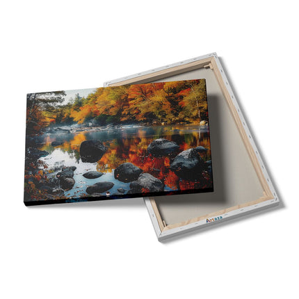 Canvas schilderij details Rivier Omringd door Bomen en Rotsen