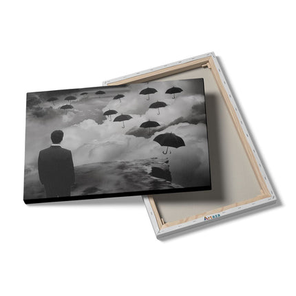 Canvas schilderij details Man in een Pak Kijkend naar Paraplu's die in de Lucht Vliegen