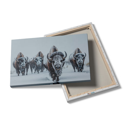 Canvas schilderij details Kudde Bizons die door de Sneeuw loopt