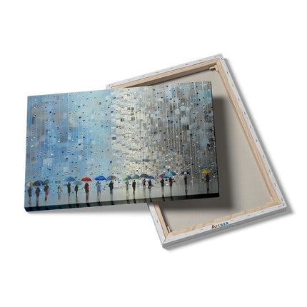 Canvas schilderij details Mensen die Paraplu's Vasthouden in de Regen