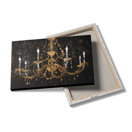 Canvas schilderij details Gouden Kroonluchter op een Zwarte Achtergrond