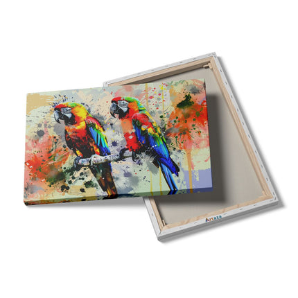 Canvas schilderij details Twee Kleurrijke Papegaaien op een Tak