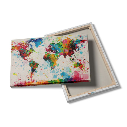Canvas schilderij details Kleurrijke Wereldkaart met Verfspatten