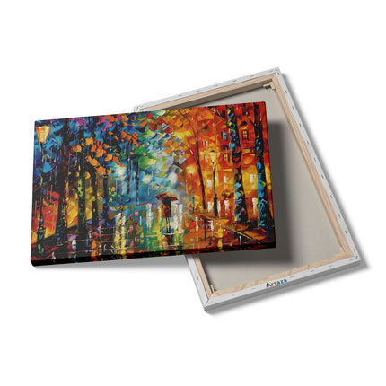 Canvas schilderij details Kunstwerk van een Vrouw die door een Straat loopt in de Regen