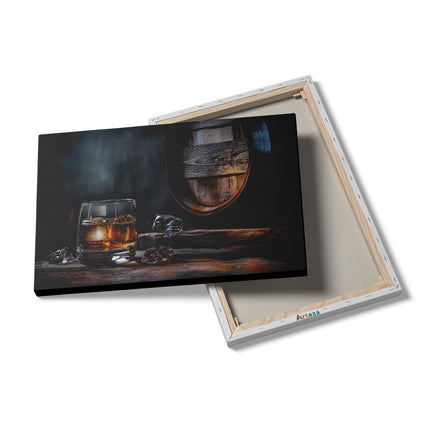 Canvas schilderij details Glas Whisky met IJsblokjes en een Houten Vat